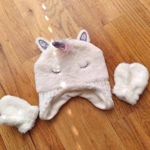 Toddler White Unicorn Hat Mitten Fluffy Set Winter